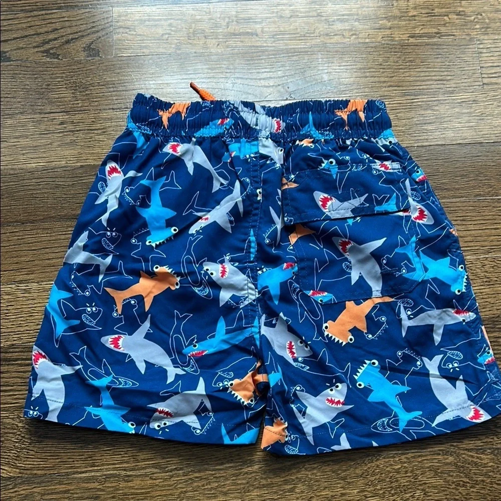 Flap Happy Shark Print Swim Trunks Blue and Orange UPF 50 BNWT